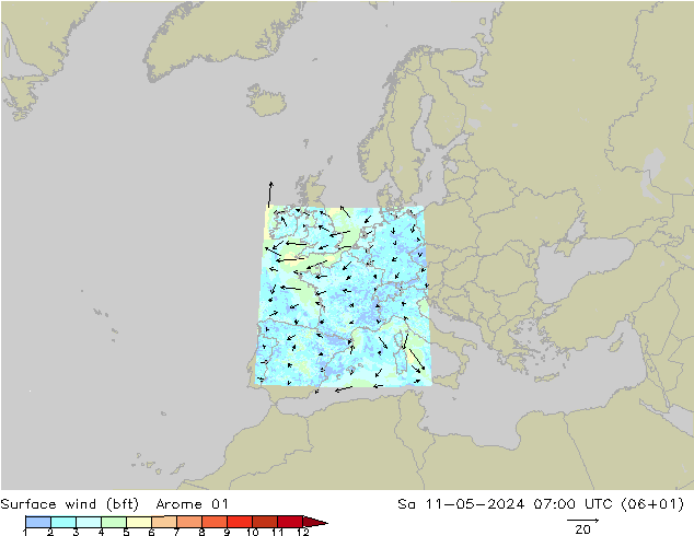 Wind 10 m (bft) Arome 01 za 11.05.2024 07 UTC