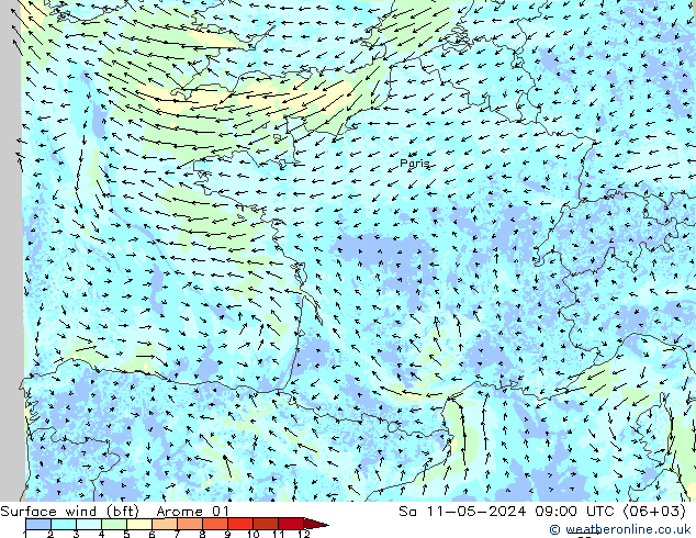 Surface wind (bft) Arome 01 So 11.05.2024 09 UTC