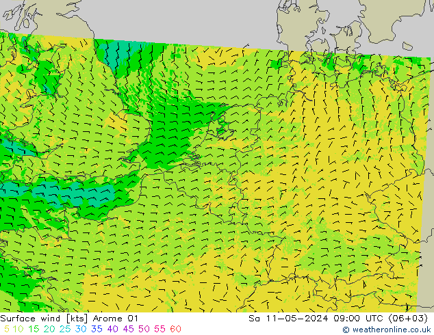 Rüzgar 10 m Arome 01 Cts 11.05.2024 09 UTC