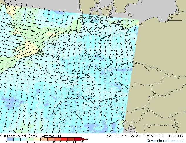 Wind 10 m (bft) Arome 01 za 11.05.2024 13 UTC