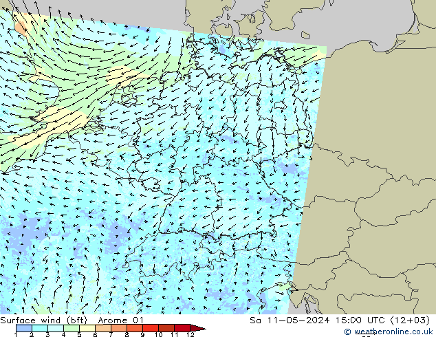 Wind 10 m (bft) Arome 01 za 11.05.2024 15 UTC