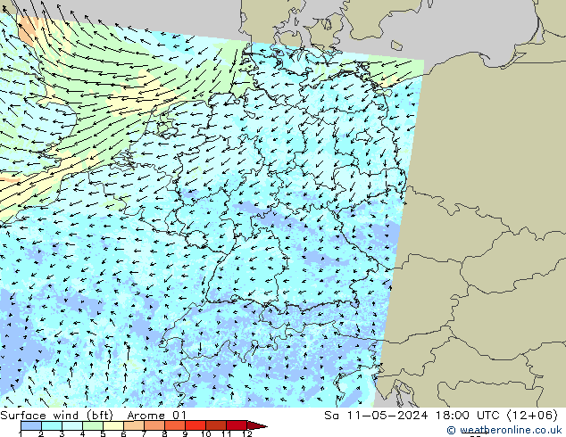 wiatr 10 m (bft) Arome 01 so. 11.05.2024 18 UTC