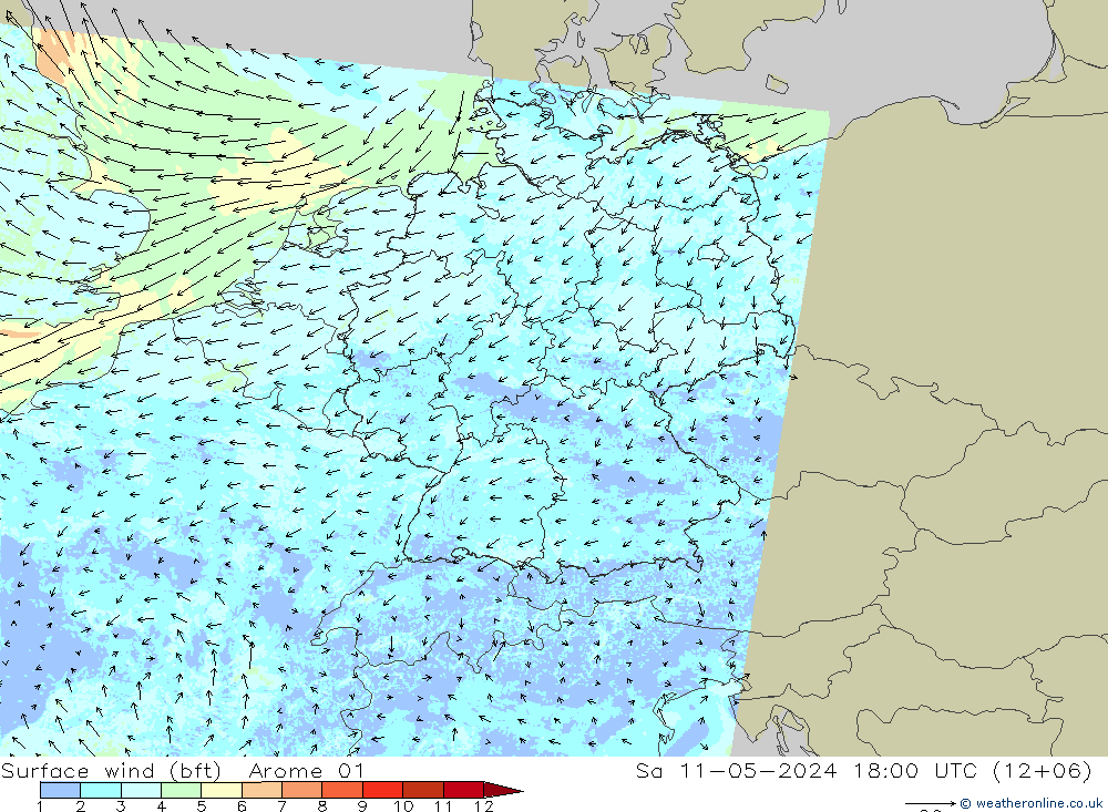 Bodenwind (bft) Arome 01 Sa 11.05.2024 18 UTC