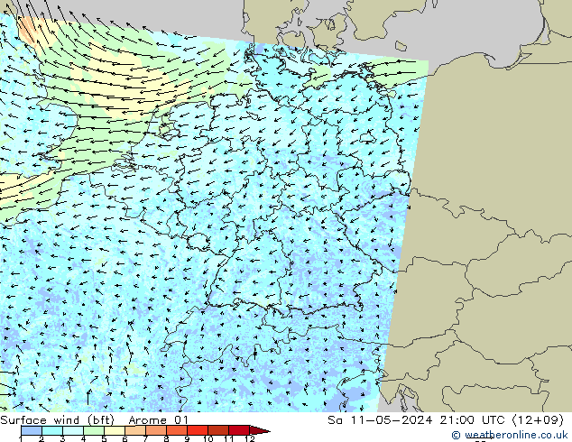 Bodenwind (bft) Arome 01 Sa 11.05.2024 21 UTC