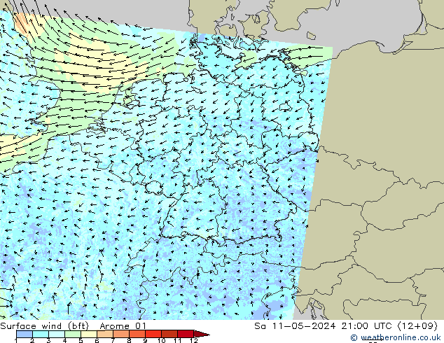 Surface wind (bft) Arome 01 Sa 11.05.2024 21 UTC