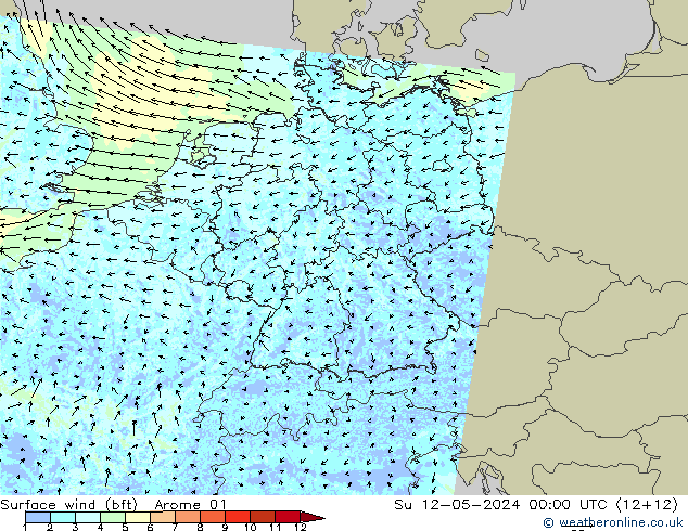 Rüzgar 10 m (bft) Arome 01 Paz 12.05.2024 00 UTC