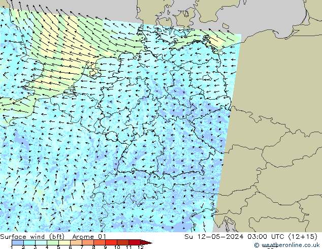 wiatr 10 m (bft) Arome 01 nie. 12.05.2024 03 UTC
