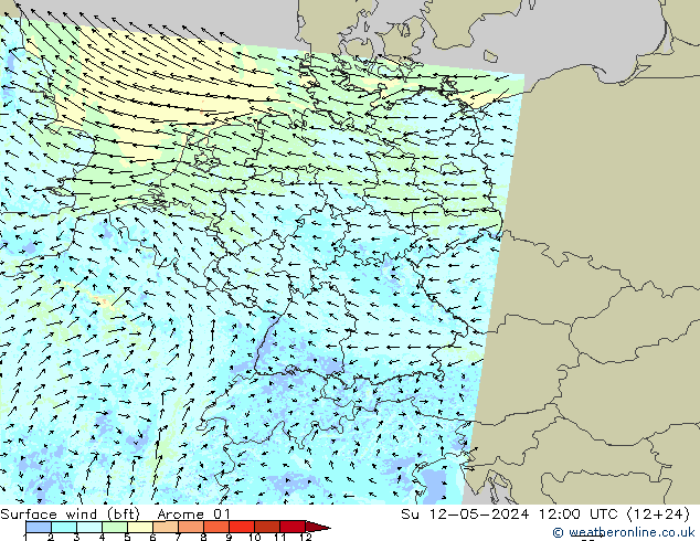 Wind 10 m (bft) Arome 01 zo 12.05.2024 12 UTC