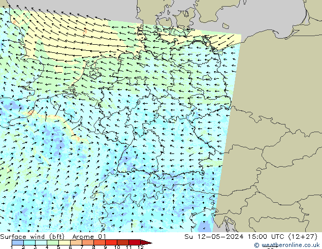 Wind 10 m (bft) Arome 01 zo 12.05.2024 15 UTC