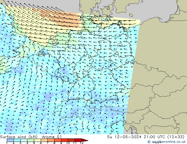 Surface wind (bft) Arome 01 Ne 12.05.2024 21 UTC