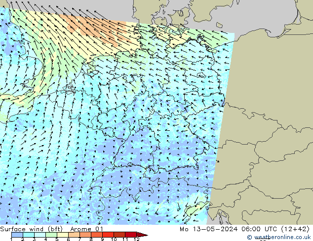 Wind 10 m (bft) Arome 01 ma 13.05.2024 06 UTC