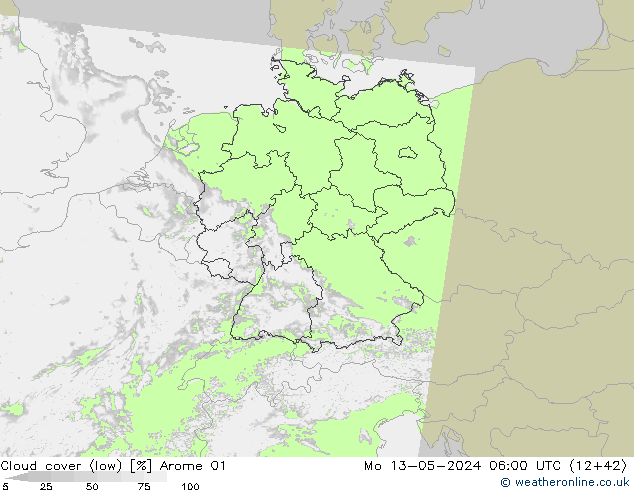 Cloud cover (low) Arome 01 Mo 13.05.2024 06 UTC