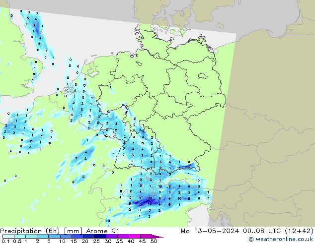 Totale neerslag (6h) Arome 01 ma 13.05.2024 06 UTC