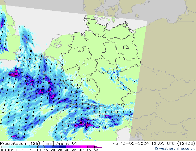 Precipitação (12h) Arome 01 Seg 13.05.2024 00 UTC