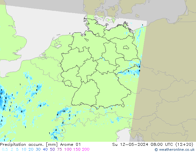 Precipitation accum. Arome 01 星期日 12.05.2024 08 UTC