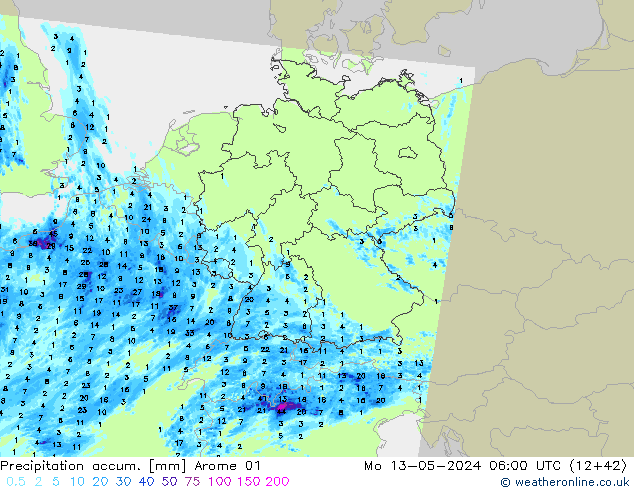 Precipitation accum. Arome 01 Seg 13.05.2024 06 UTC