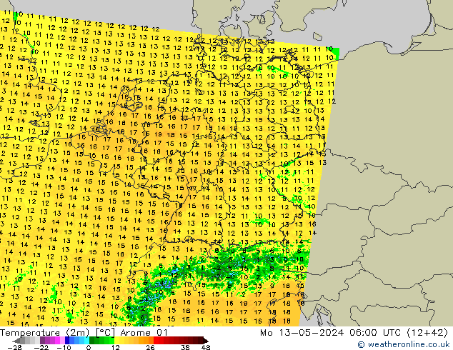 Temperatuurkaart (2m) Arome 01 ma 13.05.2024 06 UTC