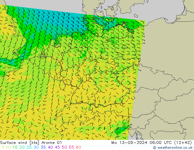 Surface wind Arome 01 Mo 13.05.2024 06 UTC
