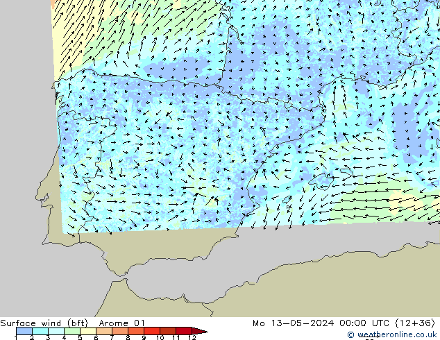 Surface wind (bft) Arome 01 Po 13.05.2024 00 UTC