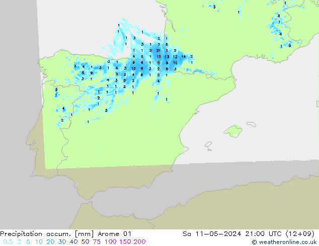Precipitation accum. Arome 01 So 11.05.2024 21 UTC
