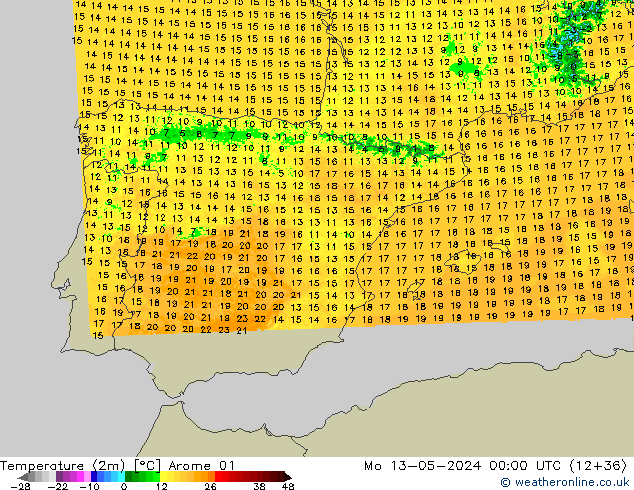 Temperatura (2m) Arome 01 lun 13.05.2024 00 UTC