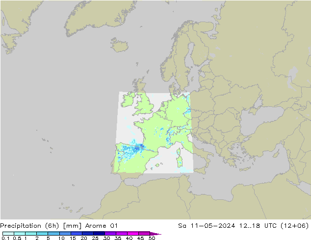 Totale neerslag (6h) Arome 01 za 11.05.2024 18 UTC