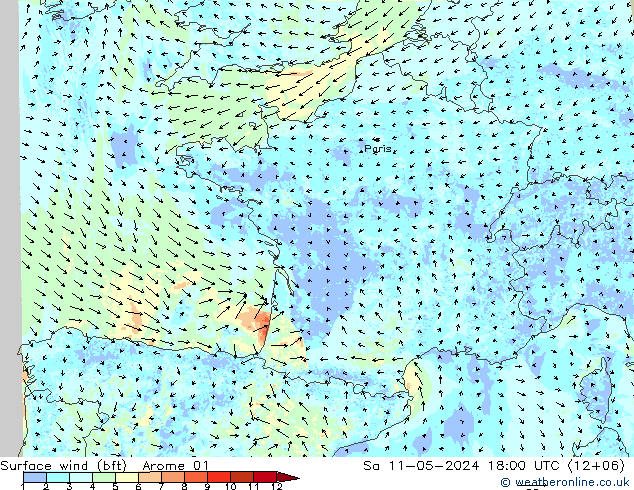 Surface wind (bft) Arome 01 Sa 11.05.2024 18 UTC