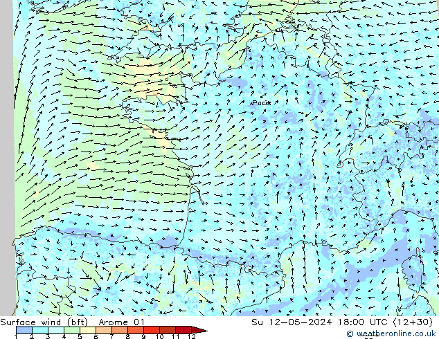 Surface wind (bft) Arome 01 Su 12.05.2024 18 UTC