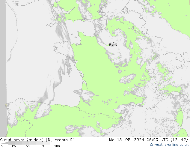 Cloud cover (middle) Arome 01 Mo 13.05.2024 06 UTC