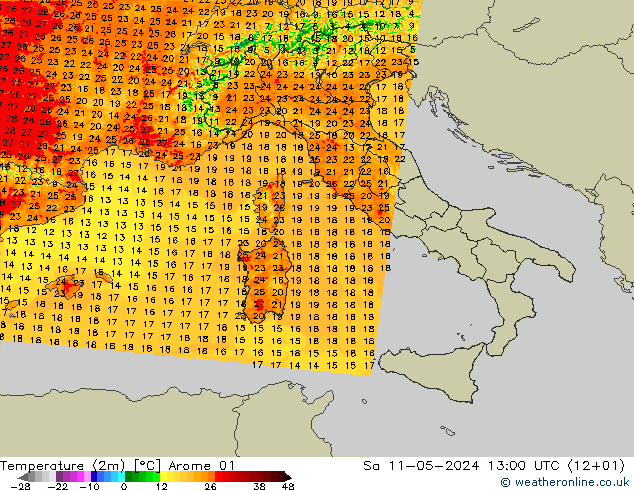 Sıcaklık Haritası (2m) Arome 01 Cts 11.05.2024 13 UTC