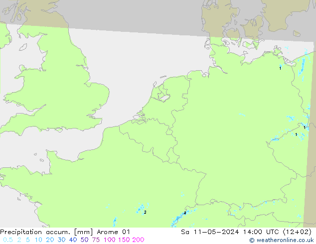 Precipitation accum. Arome 01 Sáb 11.05.2024 14 UTC