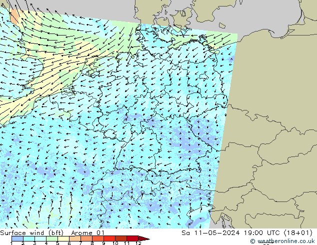 Surface wind (bft) Arome 01 Sa 11.05.2024 19 UTC