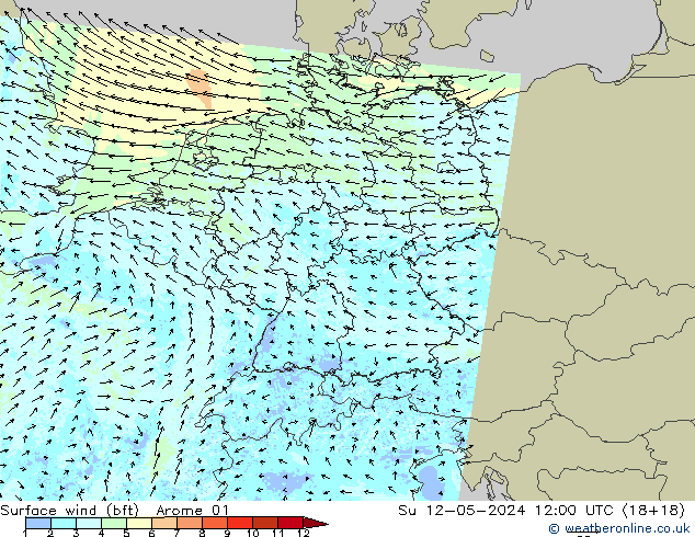 wiatr 10 m (bft) Arome 01 nie. 12.05.2024 12 UTC