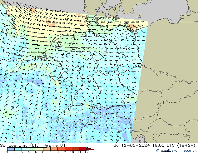 wiatr 10 m (bft) Arome 01 nie. 12.05.2024 18 UTC