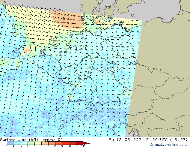 Rüzgar 10 m (bft) Arome 01 Paz 12.05.2024 21 UTC