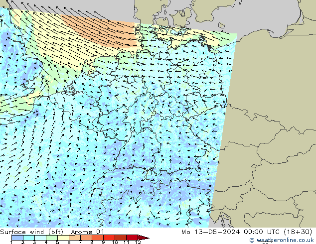 Bodenwind (bft) Arome 01 Mo 13.05.2024 00 UTC