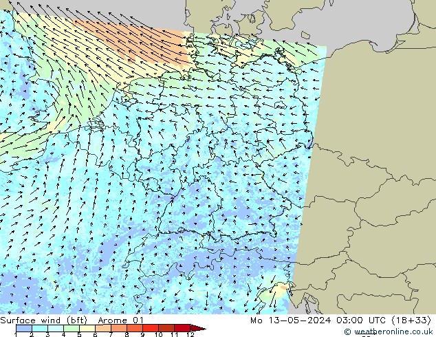 Surface wind (bft) Arome 01 Po 13.05.2024 03 UTC