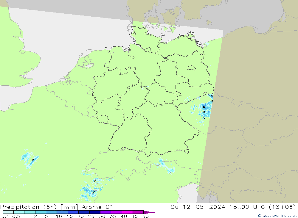 降水量 (6h) Arome 01 星期日 12.05.2024 00 UTC