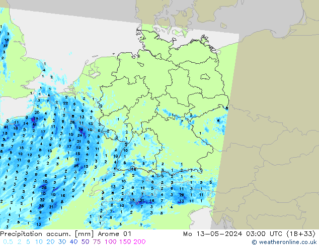 Precipitation accum. Arome 01 Po 13.05.2024 03 UTC