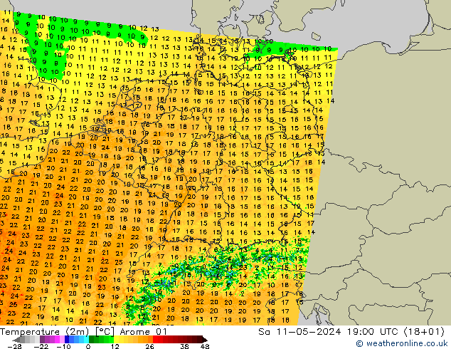 Temperatuurkaart (2m) Arome 01 za 11.05.2024 19 UTC