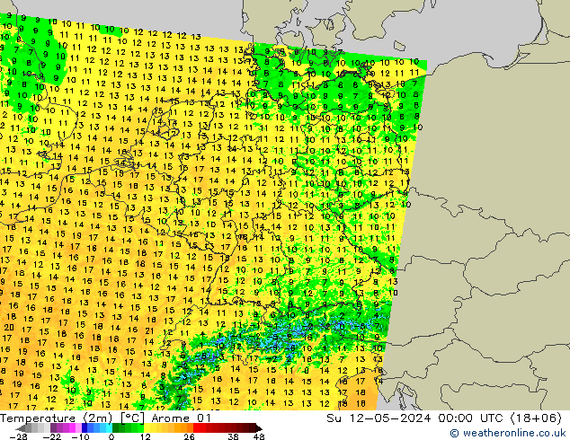 Temperatuurkaart (2m) Arome 01 zo 12.05.2024 00 UTC