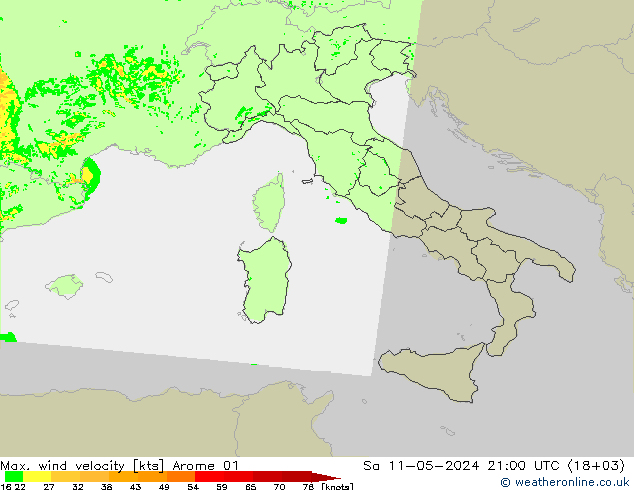 Max. wind velocity Arome 01 Sa 11.05.2024 21 UTC