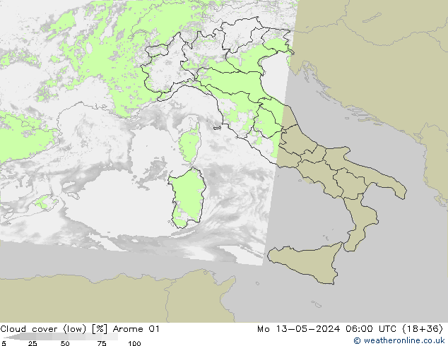 nízká oblaka Arome 01 Po 13.05.2024 06 UTC