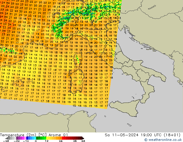 Temperature (2m) Arome 01 Sa 11.05.2024 19 UTC
