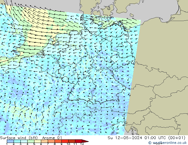 wiatr 10 m (bft) Arome 01 nie. 12.05.2024 01 UTC