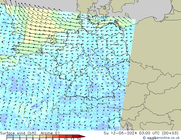 wiatr 10 m (bft) Arome 01 nie. 12.05.2024 03 UTC