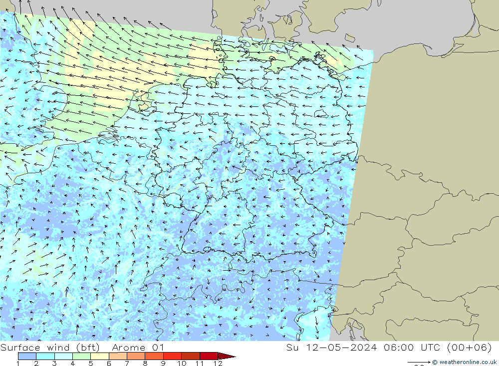 Bodenwind (bft) Arome 01 So 12.05.2024 06 UTC