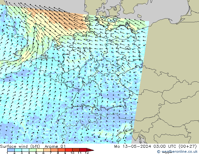Wind 10 m (bft) Arome 01 ma 13.05.2024 03 UTC