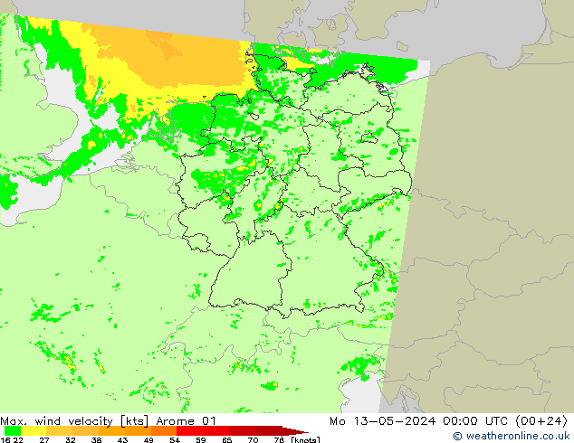 Max. wind velocity Arome 01  13.05.2024 00 UTC