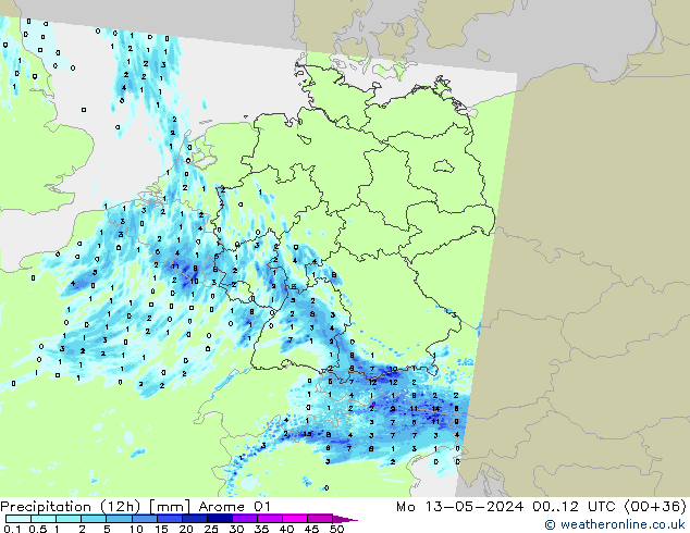 Precipitation (12h) Arome 01 Mo 13.05.2024 12 UTC